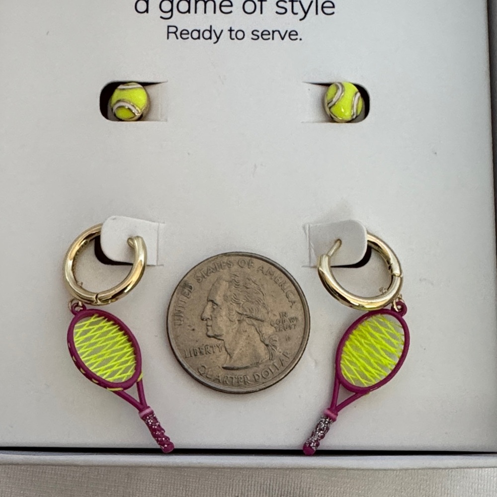 BaubleBar Tennis Earrings Set Ball Studs Racket Hoops New In Box - Picture 8 of 10